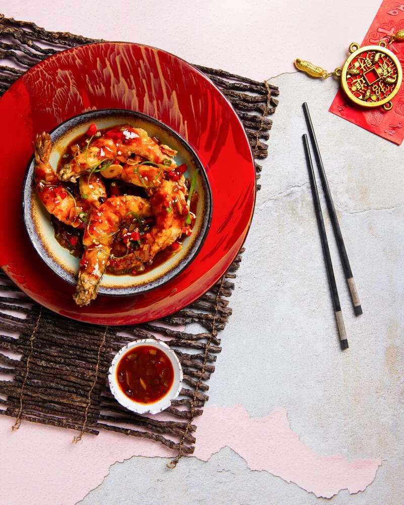 Tiger prawns with spicy Sichuan sauce